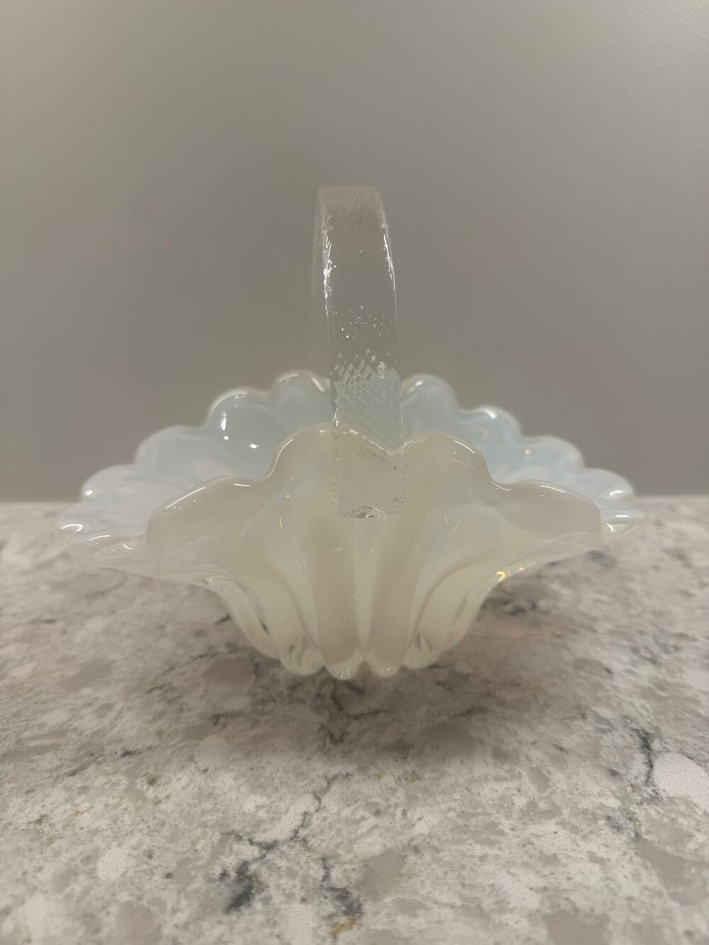 Vintage Opalescent Art Glass Basket Scalloped Rim w Clear Handle Candy Dish